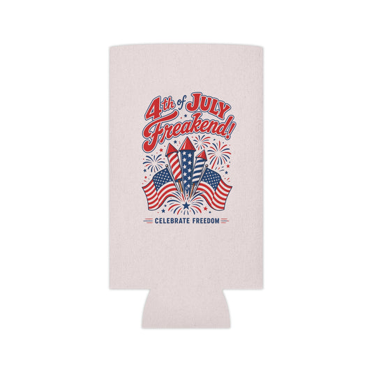 4th of July Can Cooler - "4th of July Freakend!" Patriotic Beer Koozie with Flags & Fireworks