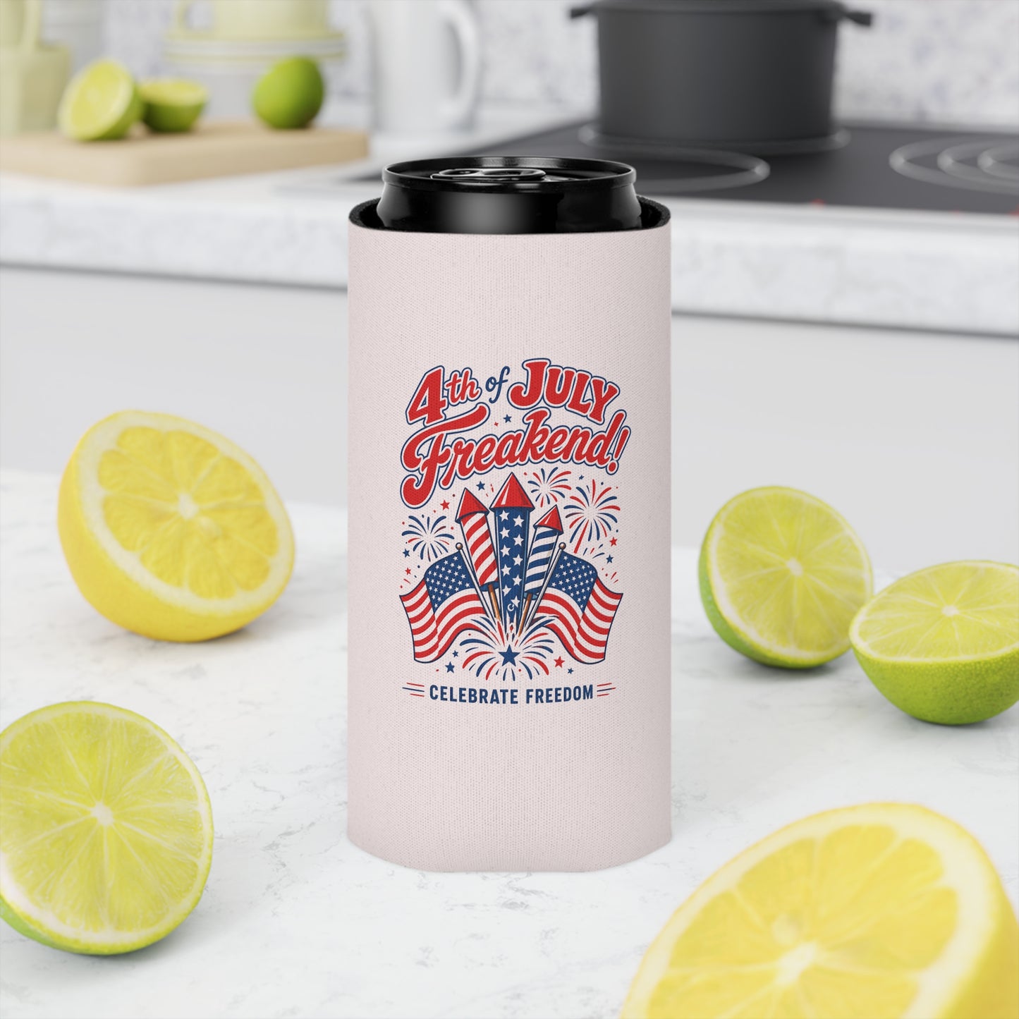 4th of July Can Cooler - "4th of July Freakend!" Patriotic Beer Koozie with Flags & Fireworks
