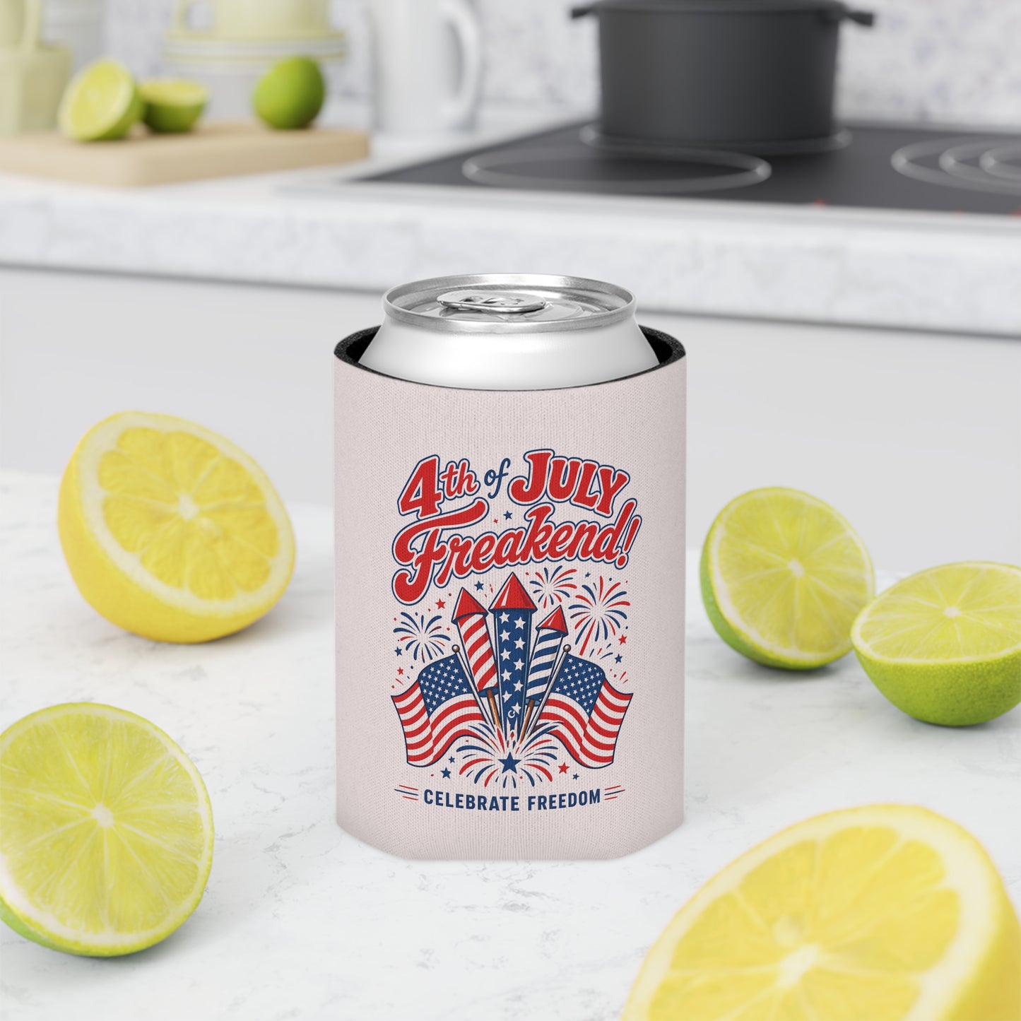 4th of July Can Cooler - "4th of July Freakend!" Patriotic Beer Koozie with Flags & Fireworks