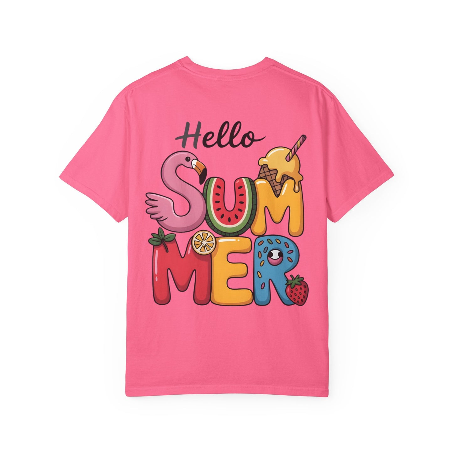 Hello Summer T-Shirt — Colorful Fun Flamingo & Ice Cream Graphic Tee