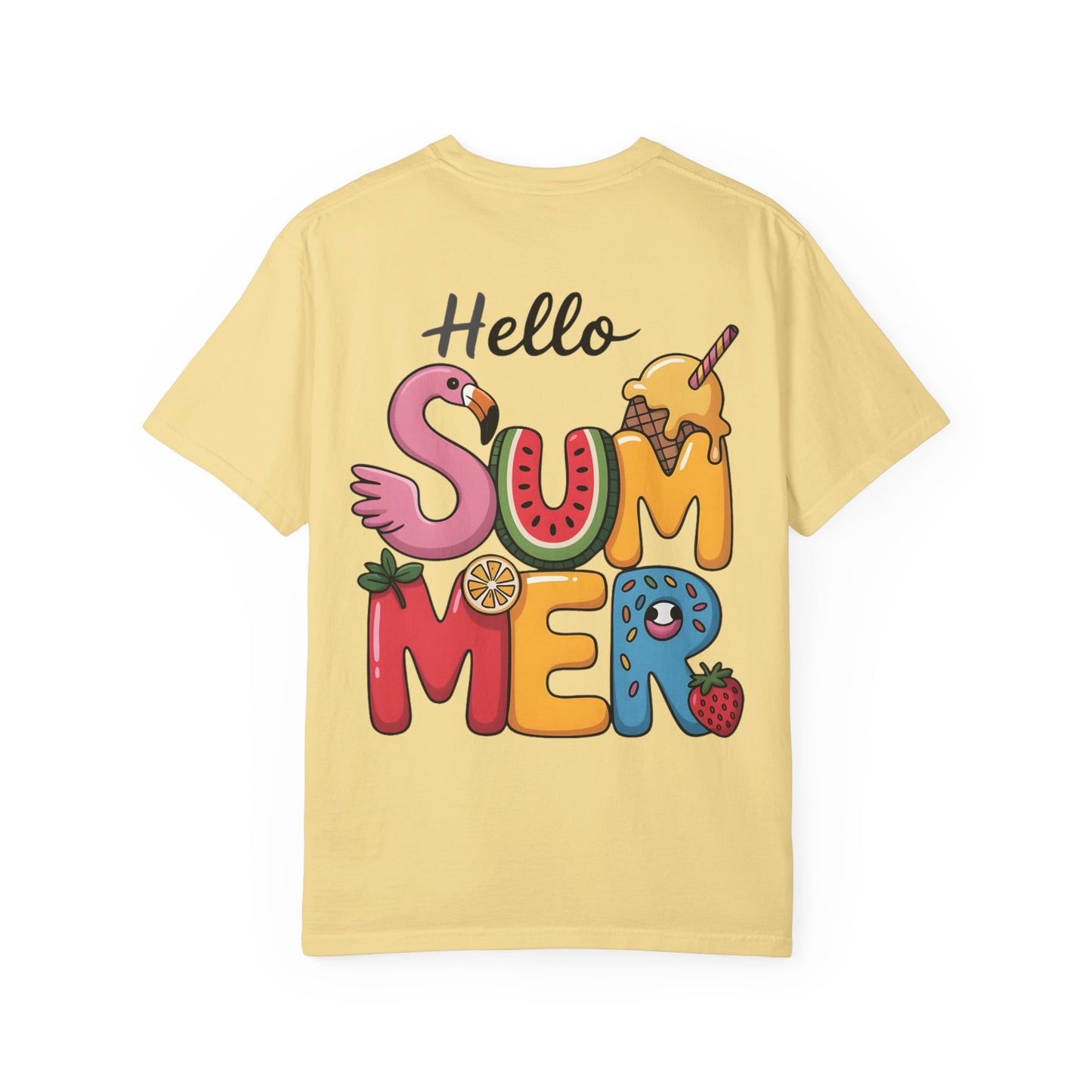 Hello Summer T-Shirt — Colorful Fun Flamingo & Ice Cream Graphic Tee