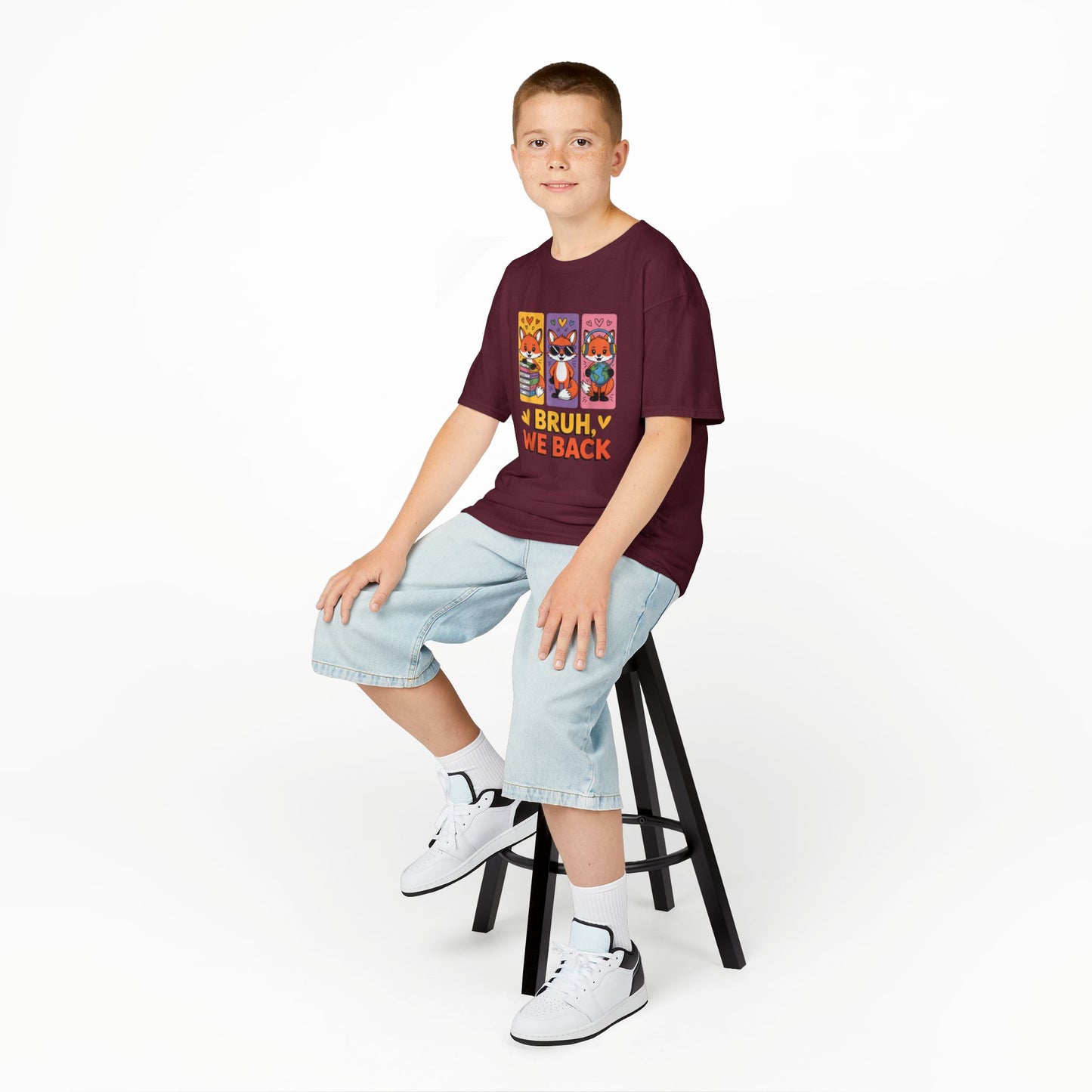 Kids T-Shirt — Cute Fox Trio "Bruh, We Back" Graphic Tee