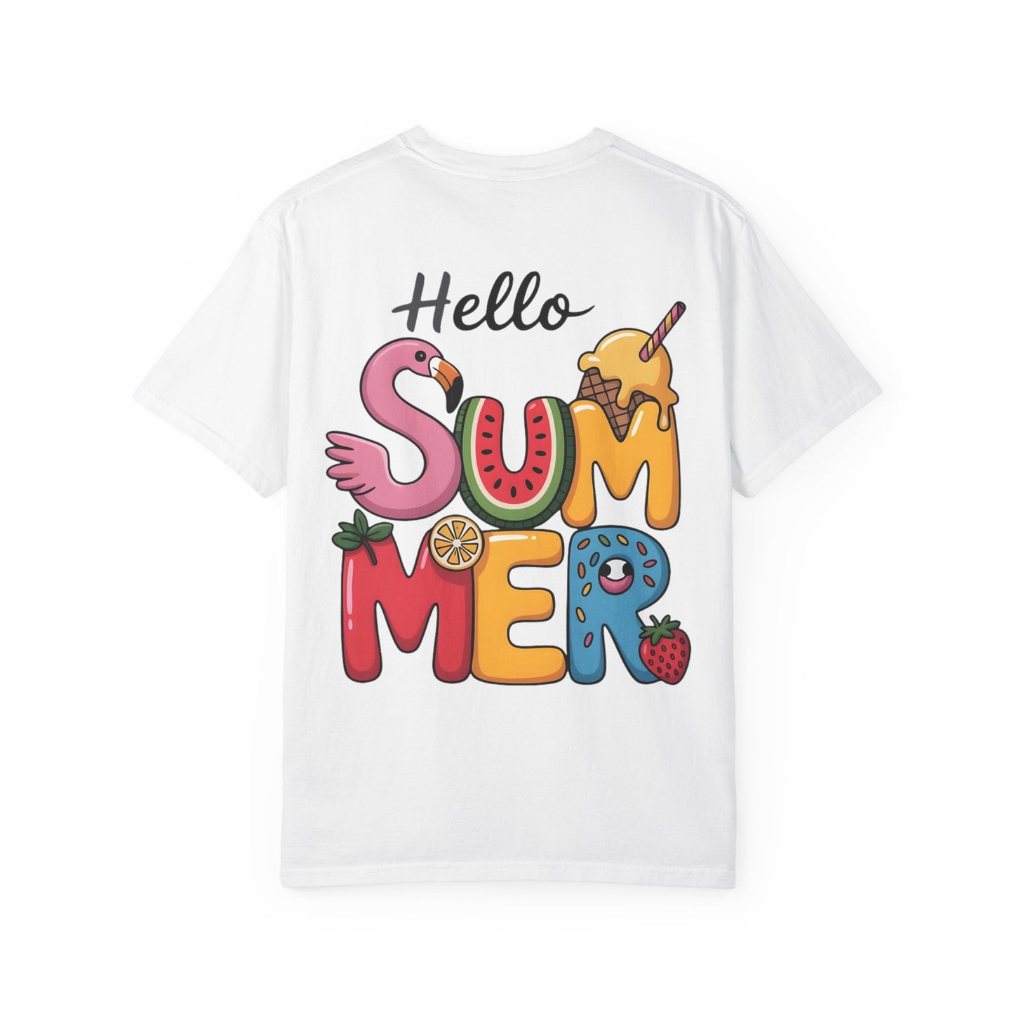 Hello Summer T-Shirt — Colorful Fun Flamingo & Ice Cream Graphic Tee