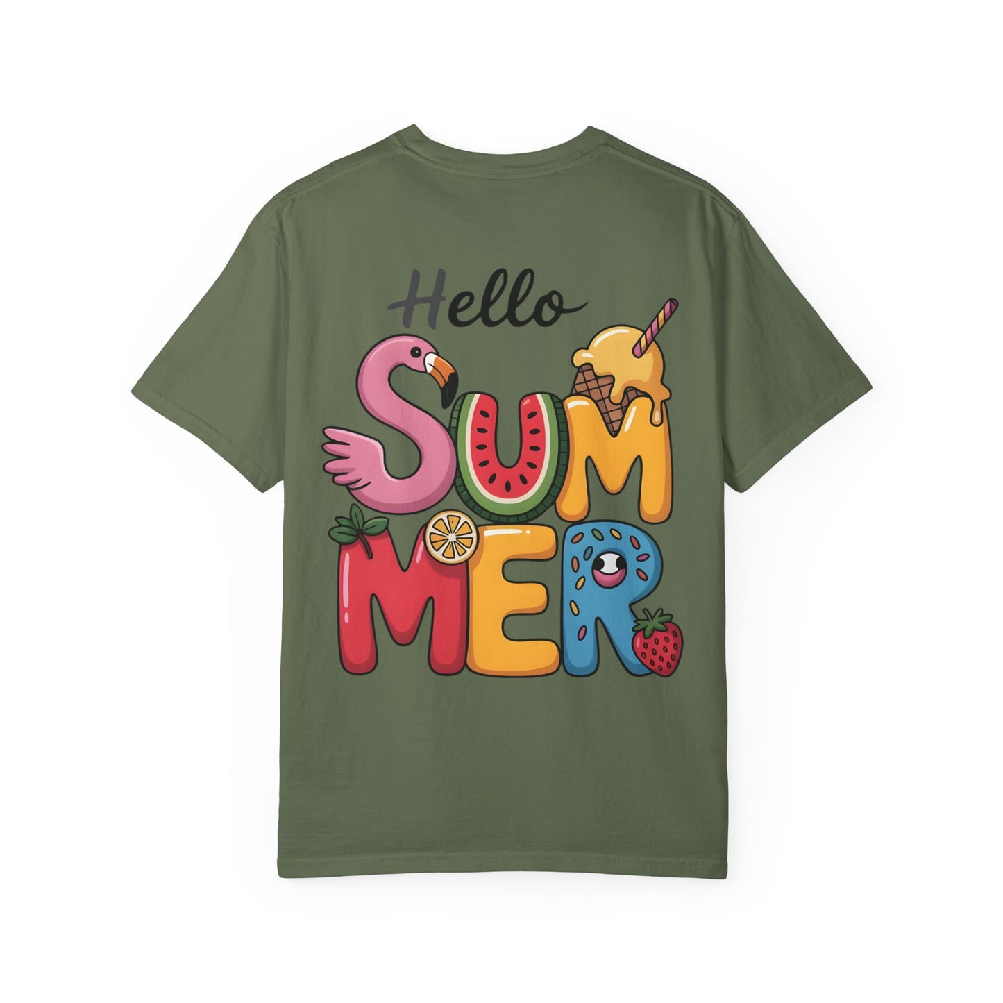 Hello Summer T-Shirt — Colorful Fun Flamingo & Ice Cream Graphic Tee