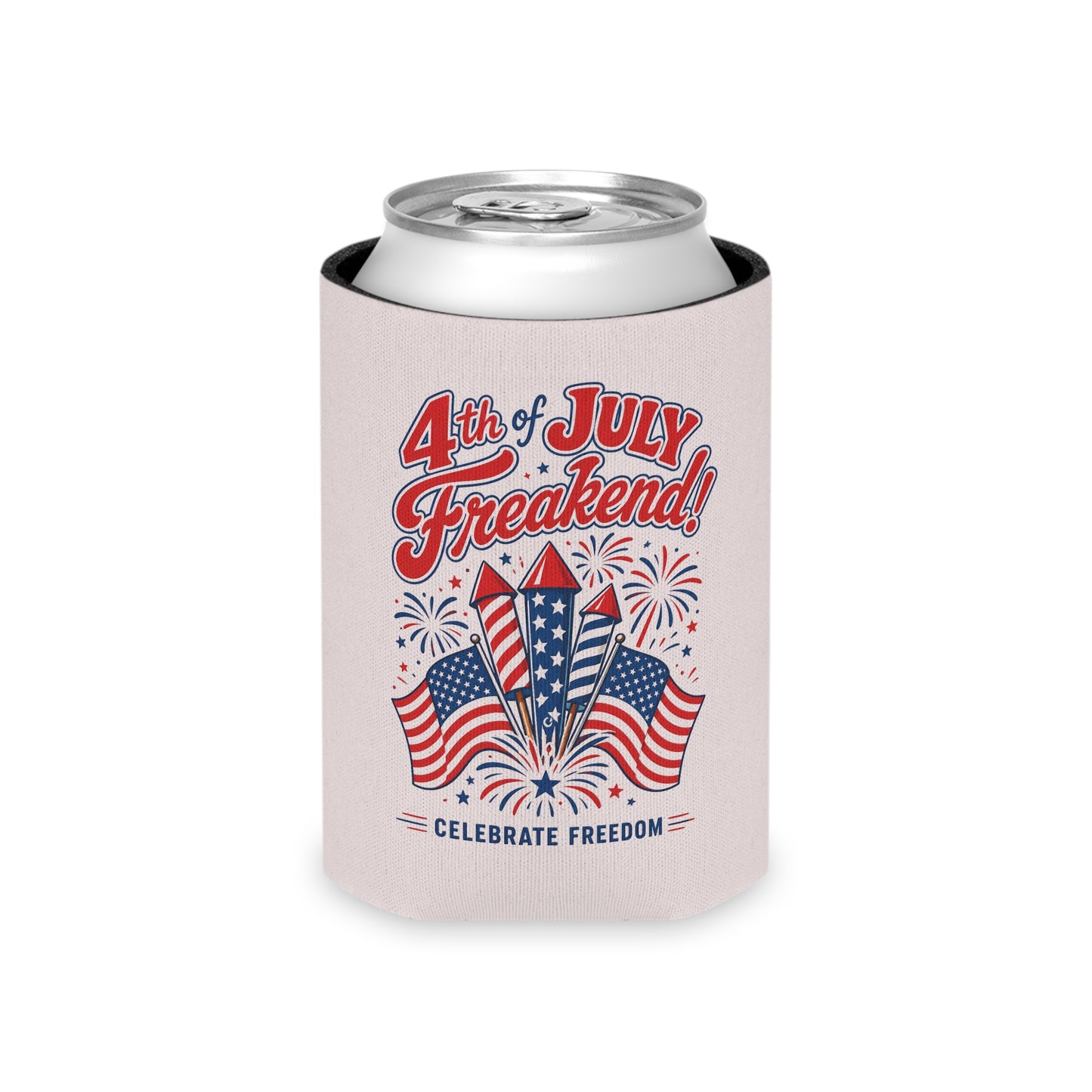 4th of July Can Cooler - "4th of July Freakend!" Patriotic Beer Koozie with Flags & Fireworks