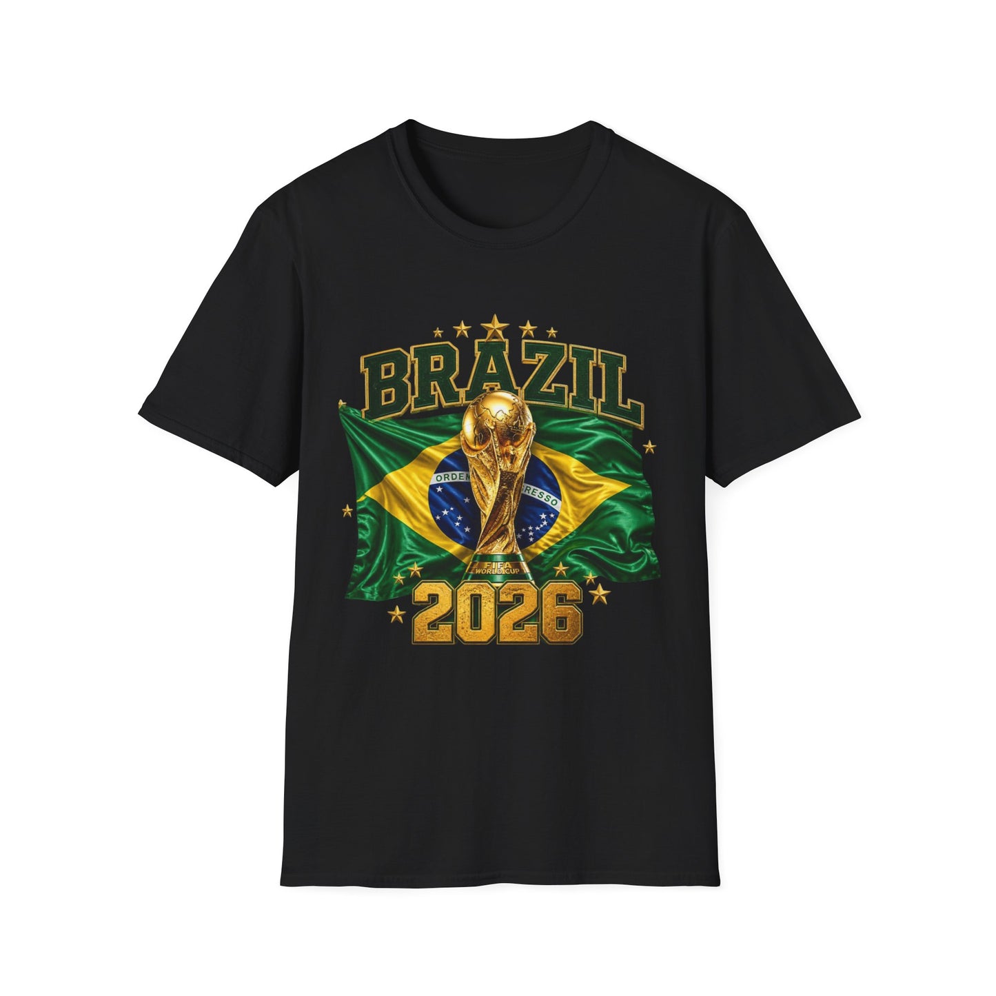 Brazil 2026 World Cup T-Shirt — Golden Trophy & Flag Soccer Fan Tee