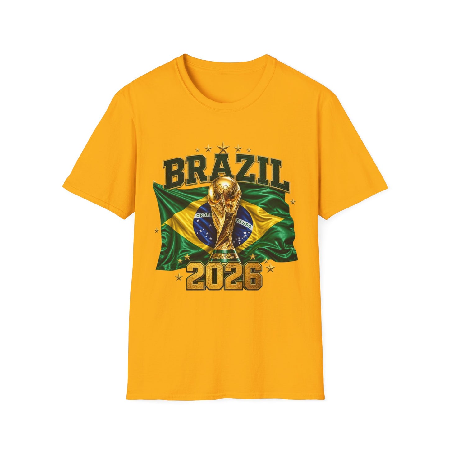 Brazil 2026 World Cup T-Shirt — Golden Trophy & Flag Soccer Fan Tee