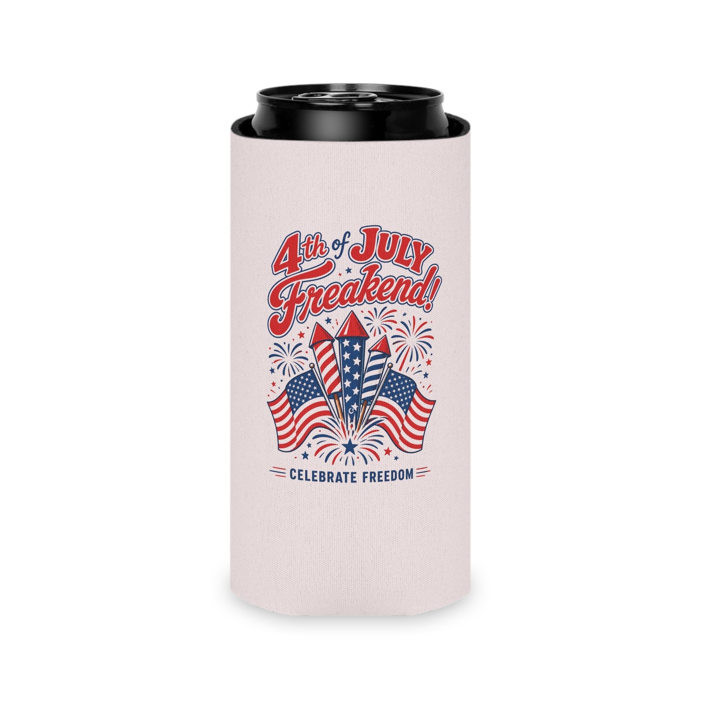 4th of July Can Cooler - "4th of July Freakend!" Patriotic Beer Koozie with Flags & Fireworks