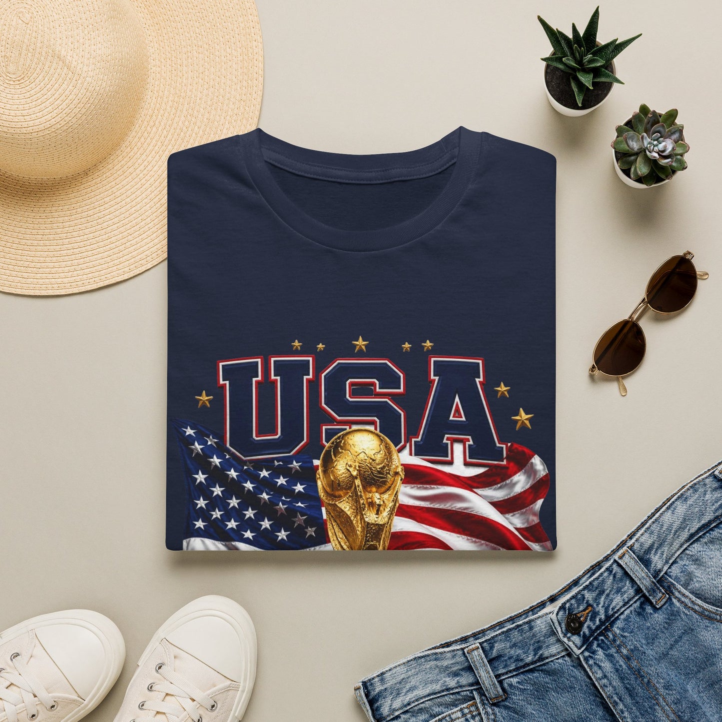 USA 2026 Soccer World Cup T-Shirt — American Flag & Trophy Fan Tee