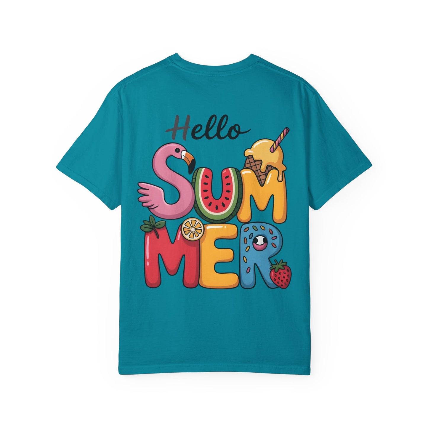 Hello Summer T-Shirt — Colorful Fun Flamingo & Ice Cream Graphic Tee