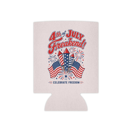 4th of July Can Cooler - "4th of July Freakend!" Patriotic Beer Koozie with Flags & Fireworks