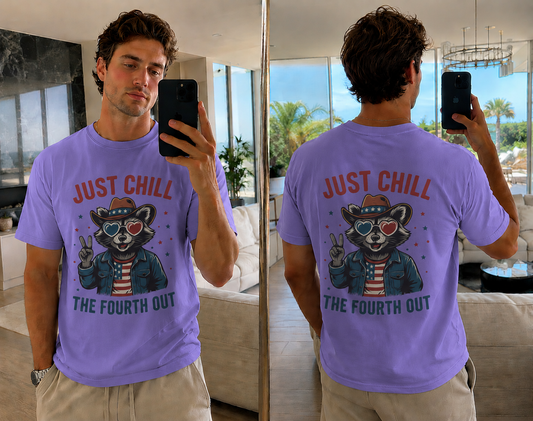Fourth of July T-Shirt — "Just Chill The Fourth Out" Patriotic Raccoon Tee